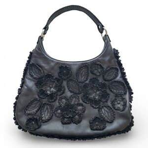 Isabella Fiore Vintage Leather Floral Applique Beaded Bag Y2K